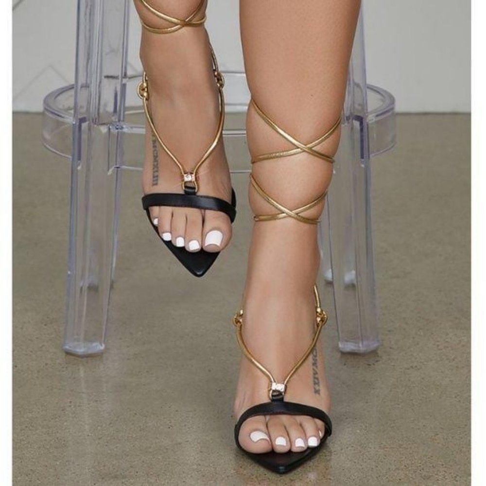 Black & Gold Ankle Wrap Heels - Picture 7 of 8